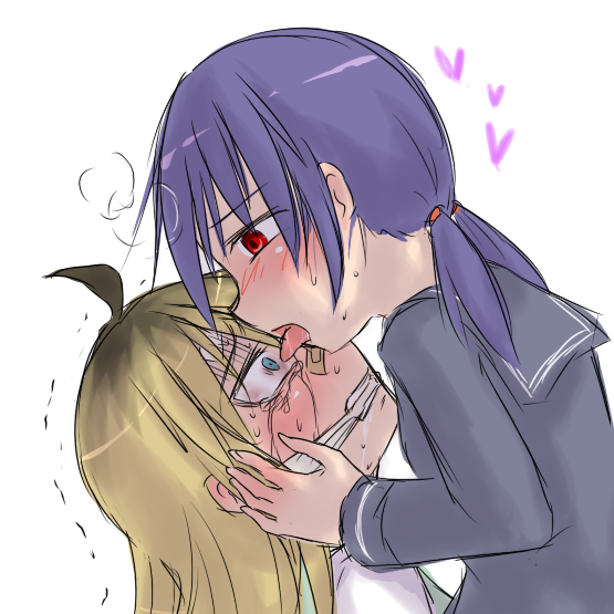 2girls aosora_(mizore) bandages blonde_hair blue_eyes blush licking_eye jc-chan jk-chan licking multiple_girls original purple_hair red_eyes school_uniform serafuku skirt tears twintails yuri