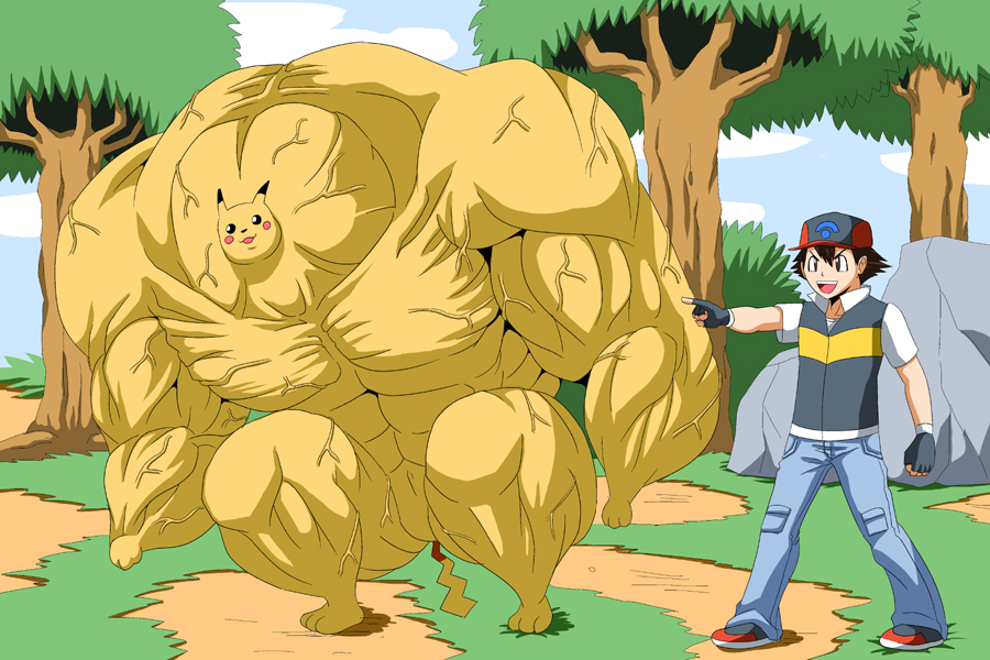 ash_ketchum colored_skin extreme_muscles gen_1_pokemon kishio_(agedama) muscular nintendo pikachu pikaman pokemon pokemon_(anime) pokemon_(creature) rock tree what yellow_skin