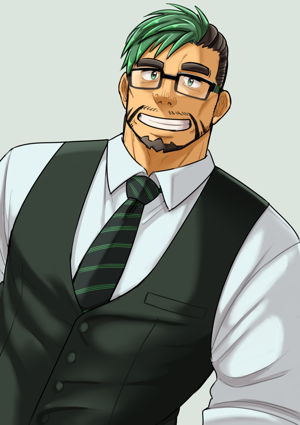 1boy bara black_hair collared_shirt ei_(marutendon) facial_hair glasses green_hair grin highres live_a_hero looking_at_viewer male_focus mature_male multicolored_hair muscular muscular_male mustache_stubble necktie shirt short_hair smile solo stubble tadakono_okitaka_(live_a_hero) tokyo_houkago_summoners two-tone_hair upper_body vest