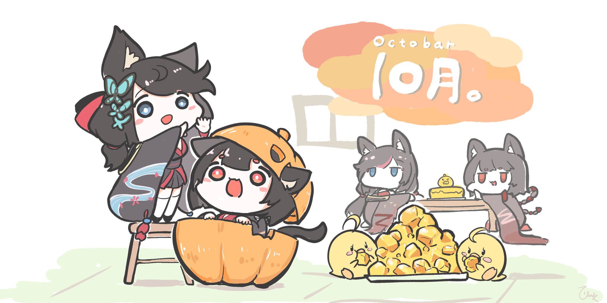 4girls animal_ears azur_lane black_hair blue_butterfly blue_eyes bug butterfly butterfly_hair_ornament cat_ears cat_girl cat_tail chair chibi fusou_(azur_lane) fusou_(meta)_(azur_lane) hair_ornament highres himajin_(fd_jin) indoors insect long_sleeves manjuu_(azur_lane) multiple_girls on_chair open_mouth pumpkin red_eyes standing standing_on_chair tail thighhighs white_thighhighs wide_sleeves yamashiro_(azur_lane) yamashiro_(meta)_(azur_lane)