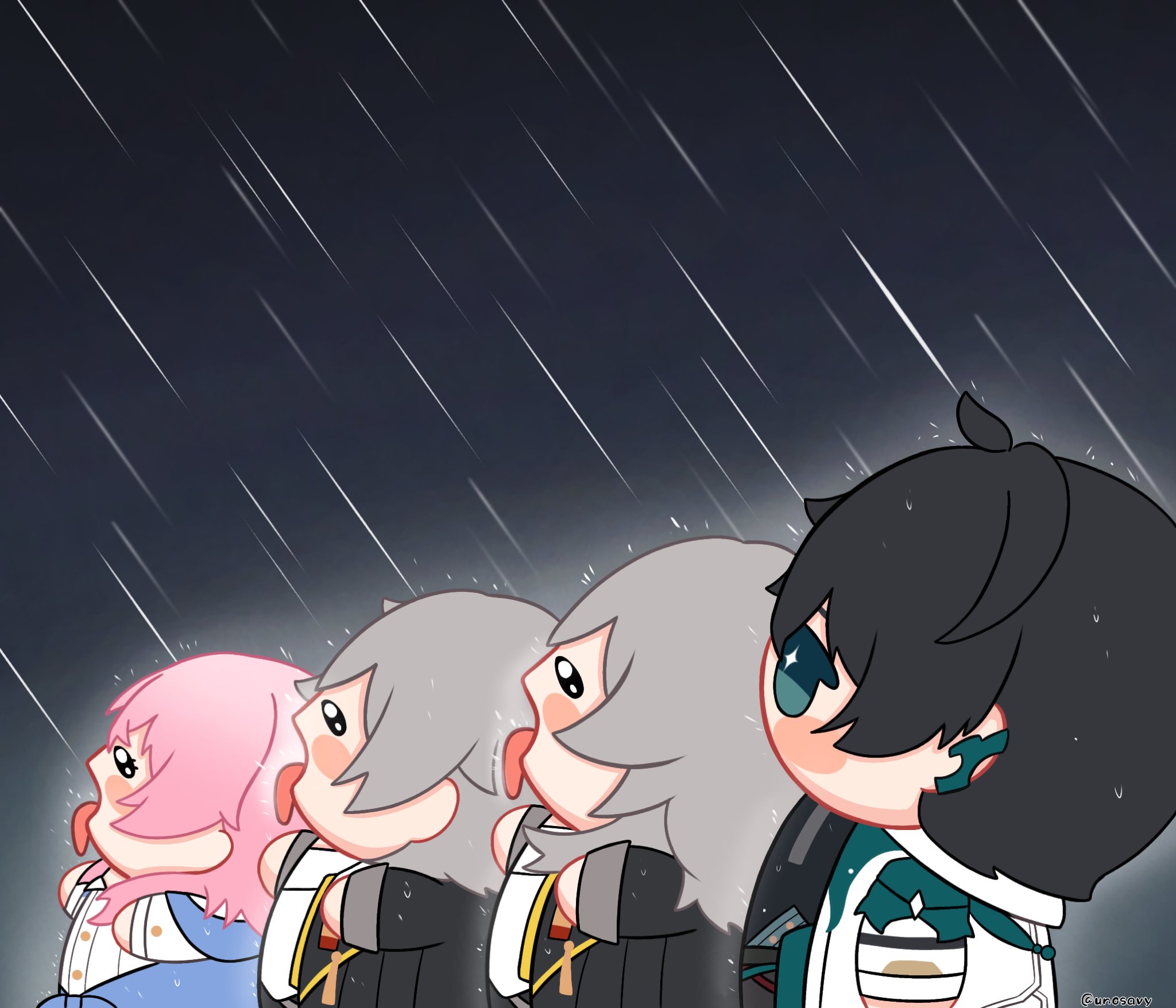 +_+ 2boys 2girls aqua_eyes artist_name black_background black_coat black_eyes black_hair black_shirt blue_jacket blush_stickers buttons caelus_(honkai:_star_rail) chibi chibi_only chinese_clothes coat dan_heng_(honkai:_star_rail) dan_heng_(hunt)_(honkai:_star_rail) dual_persona goku_and_vegeta_in_the_rain_(meme) grey_hair hair_between_eyes hands_up highres honkai:_star_rail honkai_(series) jacket long_hair long_sleeves looking_up march_7th_(honkai:_star_rail) march_7th_(preservation)_(honkai:_star_rail) meme multiple_boys multiple_girls no_mouth open_clothes open_coat open_jacket open_mouth pink_hair rain shirt short_hair simple_background standing stelle_(honkai:_star_rail) t-shirt tied_jacket tongue tongue_out trailblazer_(honkai:_star_rail) unosavy white_coat white_shirt