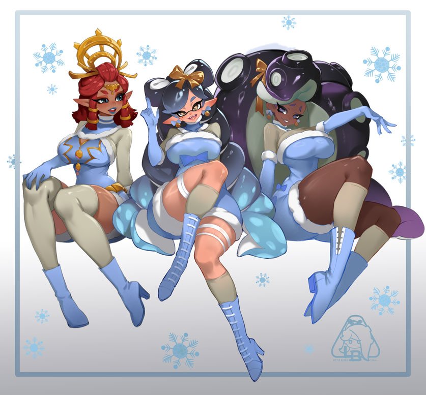 3girls alternate_costume breasts callie_(splatoon) crossover dark-skinned_female dark_skin gerudo large_breasts little_blood marina_(splatoon) multiple_girls nintendo red_hair riju splatoon_(series) splatoon_1 splatoon_2 tentacle_hair the_legend_of_zelda the_legend_of_zelda:_tears_of_the_kingdom very_dark_skin