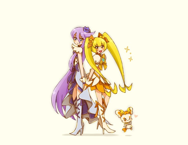 &gt;_o 2girls :d back-to-back blonde_hair blue_eyes boots bow bowtie brooch contrapposto crop_top cure_moonlight cure_sunshine dress flower flower_brooch grey_boots grey_dress hair_between_eyes hair_bow hair_flower hair_ornament heart heart_brooch heartcatch_precure! high-low_dress high-low_skirt high_heel_boots high_heels holding_hands jewelry knee_boots long_hair multiple_girls myoudouin_itsuki one_eye_closed open_mouth pleated_dress pleated_skirt potpourri_(heartcatch_precure!) precure puffy_short_sleeves puffy_sleeves purple_flower purple_hair purple_rose purple_skirt rose short_sleeves simple_background skirt skirt_under_dress sleeveless smile standing tsukikage_yuri twintails very_long_hair white_background wrist_cuffs yellow_boots yellow_bow yellow_bowtie yellow_eyes yellow_skirt yuu13
