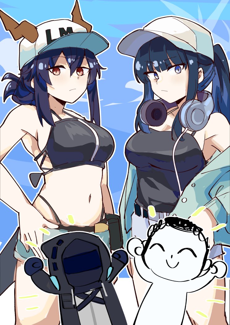2girls 2others aqua_jacket arknights bare_shoulders baseball_cap bikini black_bikini blue_archive blue_hair blue_sky ch&#039;en_(arknights) cowboy_shot day doctor_(arknights) dragon_horns female_tourist_c_(arknights) hat headphones headphones_around_neck horns horns_through_headwear ishigami_shizuka jacket long_hair long_sleeves looking_at_viewer multiple_girls multiple_others navel off_shoulder open_clothes open_jacket orange_eyes ponytail saori_(blue_archive) saori_(swimsuit)_(blue_archive) sky sleepyowl_(jobkung15) standing stomach swimsuit voice_actor_connection white_hat