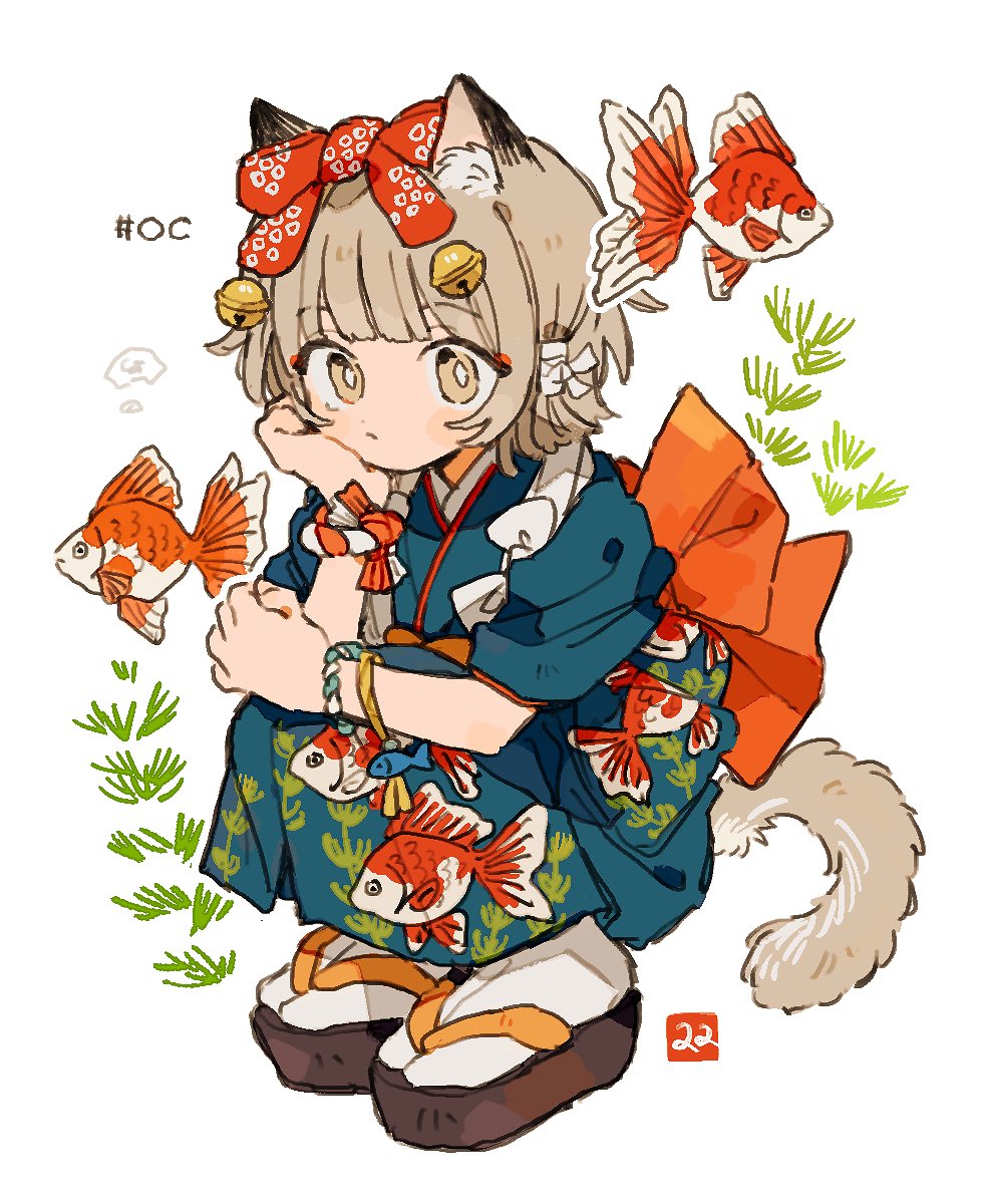 1girl animal_ear_fluff animal_ears animal_print artist_logo bell black_sandals blue_kimono blunt_bangs bright_pupils brown_hair cat_ears cat_girl cat_tail closed_mouth fish fish_print full_body hair_bell hair_ornament highres japanese_clothes kimono logo looking_at_viewer okobo original platform_sandals print_kimono sandals short_hair short_sleeves simple_background socks solo tabi tail white_background white_pupils white_socks yellow_eyes zettai_22