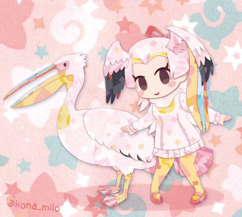 1girl animal bird bird_girl bird_tail feathered_wings great_white_pelican_(kemono_friends) head_wings japari_symbol kemono_friends kikuchi_milo long_hair looking_at_viewer pantyhose pink_background pink_hair ribbon shoes simple_background skirt sweater tail wings
