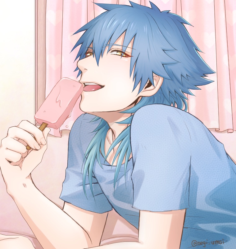 1boy blue_hair blue_shirt commentary_request crew_neck curtains dramatical_murder food holding holding_food holding_ice_cream ice_cream ice_cream_bar indoors long_hair looking_to_the_side lying male_focus on_stomach open_mouth seragaki_aoba shakalabbits shirt short_sleeves sideways_glance solo teeth tongue tongue_out upper_teeth_only yellow_eyes