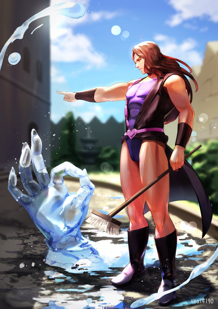 1boy black_boots black_jacket blue_sky blurry blurry_background boots brown_hair closed_mouth cloud cloudy_sky geb_(stand) holding jacket jojo_no_kimyou_na_bouken leotard long_hair muscular muscular_male ok_sign outdoors pointing purple_eyes purple_leotard sky sleeveless solo stand_(jojo) standing stardust_crusaders vanilla_ice water zouhyou_(at4190)