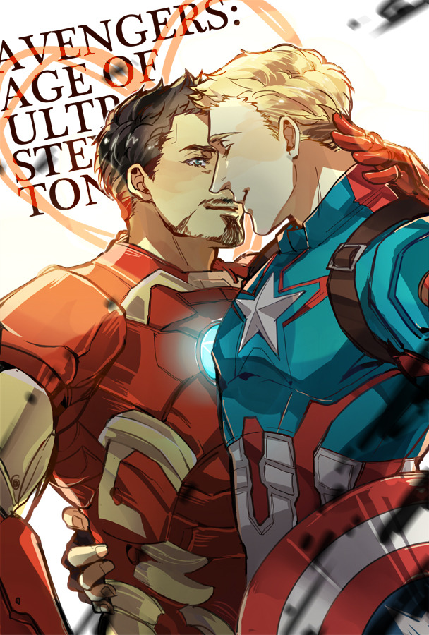 2boys animification arc_reactor armor avengers:_age_of_ultron avengers_(series) blonde_hair blue_bodysuit blush bodysuit brown_eyes brown_gloves brown_hair captain_america closed_eyes closed_mouth commentary copyright_name english_commentary english_text facial_hair fingerless_gloves fingernails full_armor gloves hand_around_neck hand_around_waist hand_up heart holding holding_shield iron_man looking_at_another male_focus marvel marvel_cinematic_universe minihardee multicolored_armor multiple_boys power_armor red_armor shield short_hair simple_background smile standing star_(symbol) steve_rogers striped superhero_costume tony_stark white_background yaoi yellow_armor