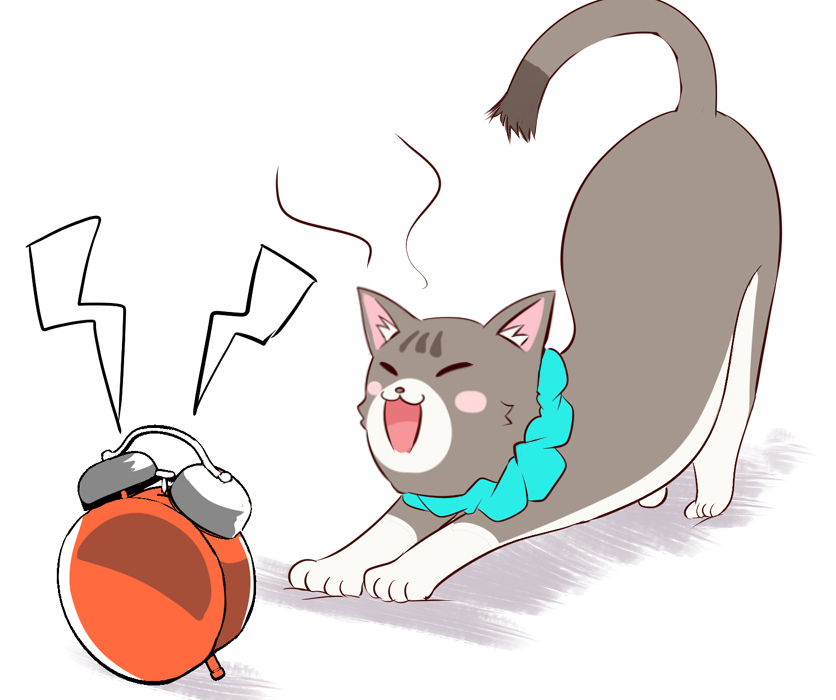 1girl aqua_scarf bed blush_stickers cat clock closed_eyes mitumi_mira nekoyashiki_mayu nekoyashiki_mayu_(cat) open_mouth precure scarf solo waking_up wonderful_precure!