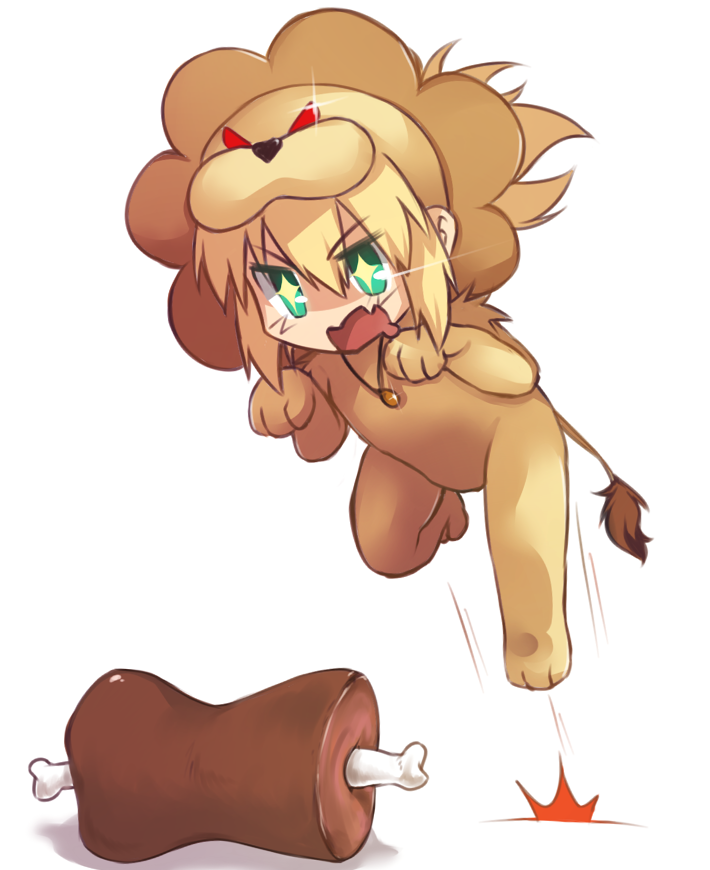 1girl animal_costume artoria_pendragon_(fate) bad_id bad_tumblr_id blonde_hair blush boned_meat chibi cosplay drooling fate/apocrypha fate/tiger_colosseum fate_(series) female_focus food green_eyes jewelry lion_costume meat mordred_(fate) mordred_(fate/apocrypha) necklace pouncing saber_lion saber_lion_(cosplay) solo tusia
