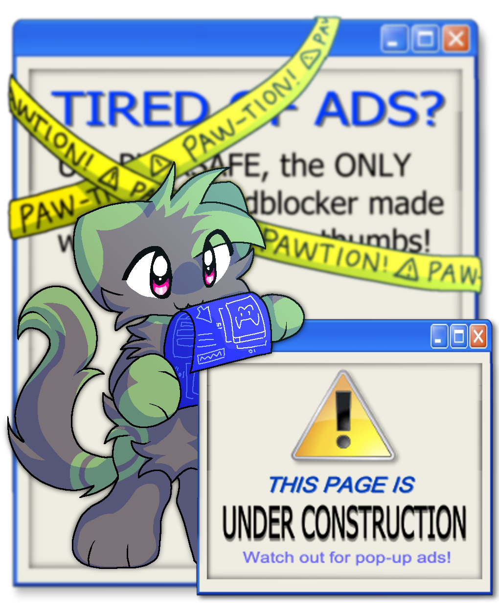 1other animal animal_focus blueprint_(object) cat caution_tape chibi cr4yolapc english_text grey_cat highres no_humans object_in_mouth pink_eyes sign standing warning_sign