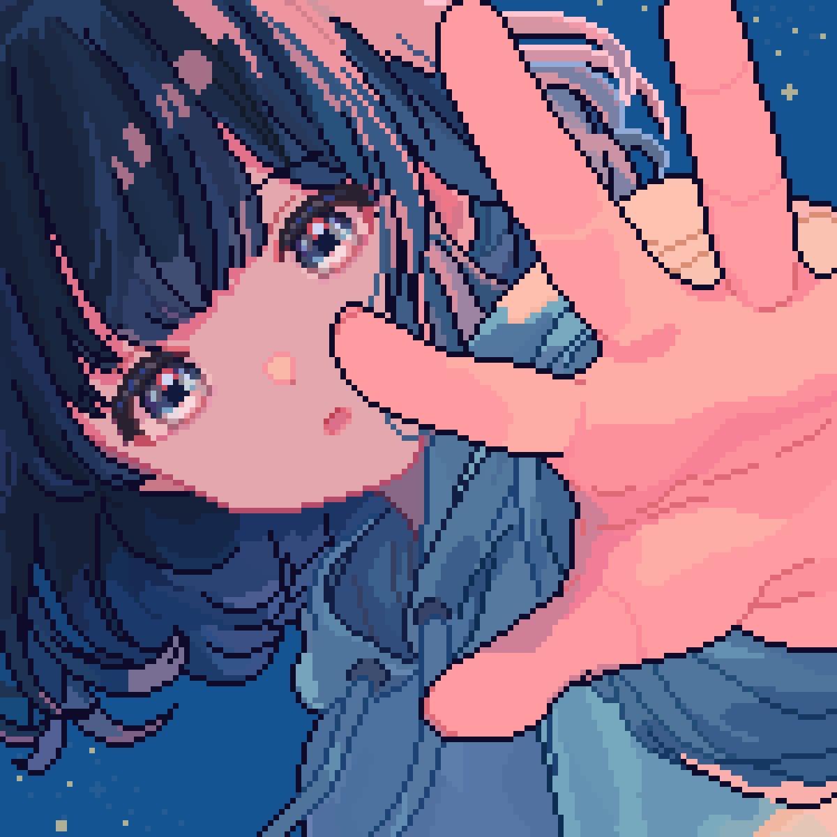 1girl blue_hair blunt_bangs commentary_request grey_eyes highres hood hoodie long_sleeves looking_at_viewer medium_hair night night_sky open_hand original parted_lips pixel_art shusi_(6muuu3) sky solo square star_(sky) upper_body