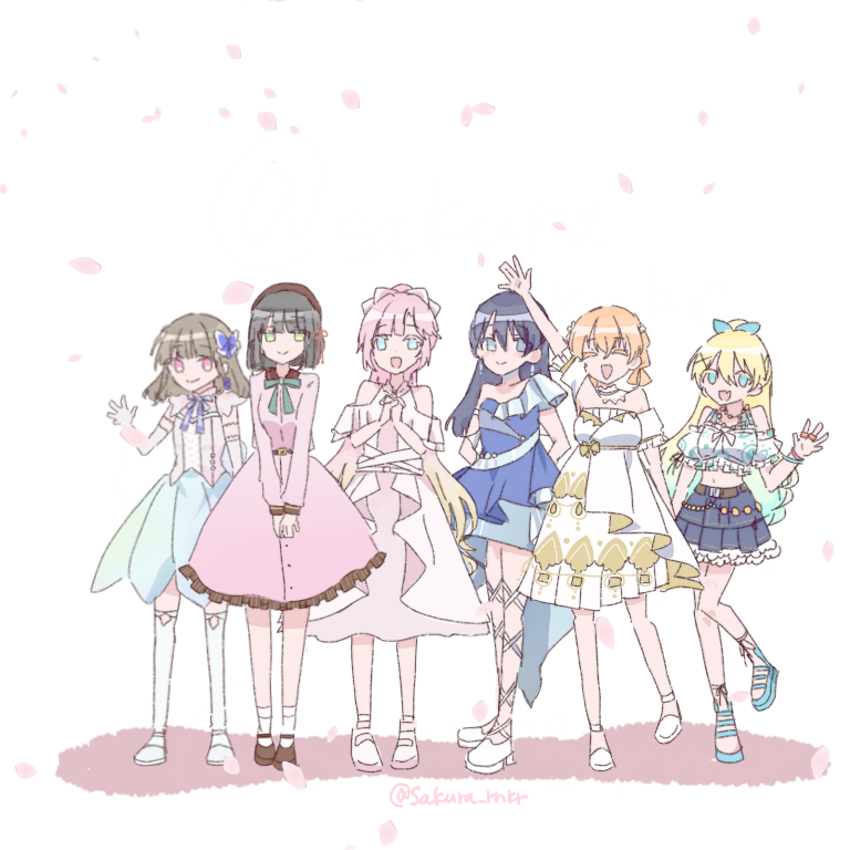 6+girls ^_^ anyoji_hime arm_up arms_behind_back aurora_flower_(love_live!) beret black_hair blonde_hair blue_dress blue_eyes blue_hair blue_sandals blunt_bangs blunt_ends bob_cut bow brown_hair brown_hat brown_shoes closed_eyes collared_dress colored_eyelashes commentary_request detached_sleeves dream_believers dress elbow_gloves frilled_dress frills gloves gradient_hair green_eyes hair_bow hair_bun hair_ornament hat hinoshita_kaho interlocked_fingers itsudemo_itsumademo_(love_live!) kachimachi_kosuzu link!_like!_love_live! link_to_the_future_(love_live!) long_hair long_sleeves love_live! low-tied_hair_ring medium_hair momose_ginko multicolored_hair multiple_girls murano_sayaka natsumeki_pain off-shoulder_dress off_shoulder official_alternate_costume open_hand orange_hair osawa_rurino own_hands_clasped own_hands_together pink_bow pink_dress pink_eyes pink_hair sakura_rnkr sandals shirt shoes sidelocks single-shoulder_dress single_hair_bun sleeveless sleeveless_shirt socks standing strapless strapless_dress thighhighs tsubasa_la_liberte twitter_username virtual_youtuber waving white_dress white_gloves white_shirt white_shoes white_sleeves white_socks white_thighhighs x_hair_ornament