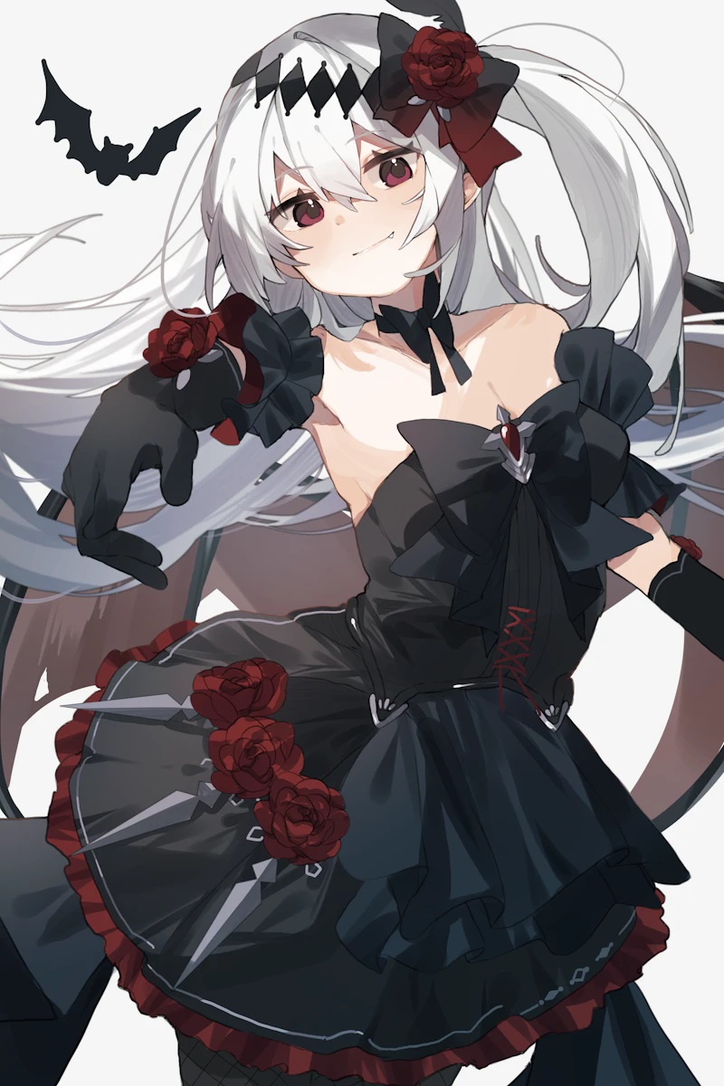 1girl bare_shoulders bat_(animal) bat_wings black_bow black_bowtie black_dress black_gloves bow bowtie breasts cleavage closed_mouth collarbone commission demon_girl dress elbow_gloves fang fishnet_pantyhose fishnets flower frilled_dress frills gloves grey_background hair_flower hair_ornament hand_up higa_(gominami) highres long_hair looking_at_viewer mare_(ac8231) naked_bowtie one_side_up original pantyhose red_eyes red_flower red_rose rose simple_background skeb_commission small_breasts solo vampire white_hair wings