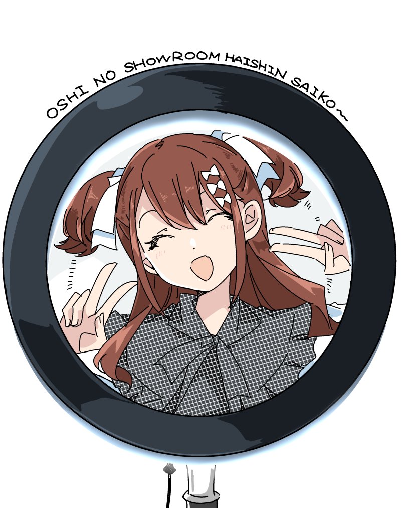 1girl 22/7 :d black_dress bow brown_hair double_v dress fanged_bangs hair_bow hair_ornament long_hair looking_at_viewer notice_lines open_mouth sera_honoka simple_background smile solo trefle_r two_side_up upper_body v white_background white_bow