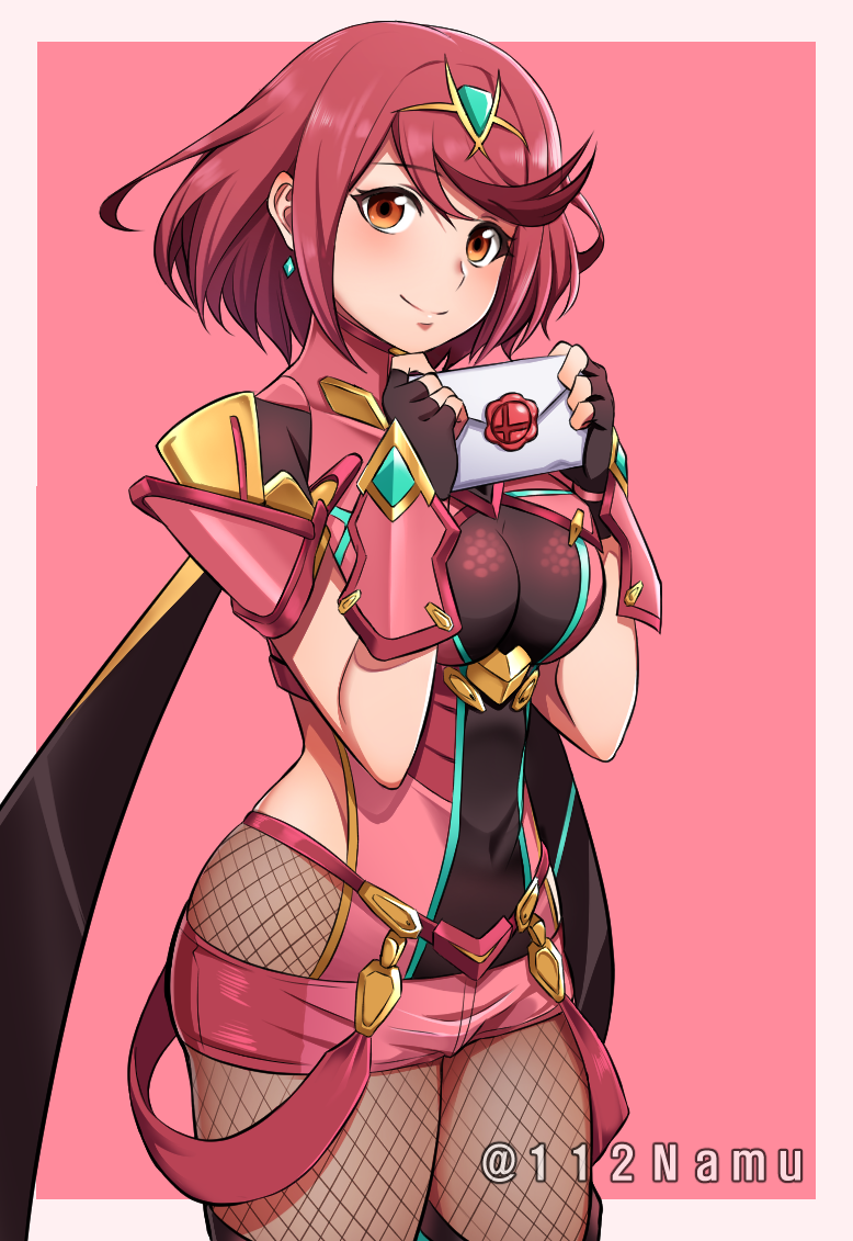 1girl bob_cut breasts cowboy_shot earrings fingerless_gloves fishnet_pantyhose fishnets floating_earring gloves impossible_clothes jewelry looking_at_viewer medium_breasts namu_(112namu) nintendo pantyhose pantyhose_under_shorts pyra_(xenoblade) red_eyes red_hair red_shorts short_hair short_shorts shorts smash_invitation smile solo super_smash_bros. swept_bangs thighhighs thighhighs_under_pantyhose tiara twitter_username xenoblade_chronicles_(series) xenoblade_chronicles_2
