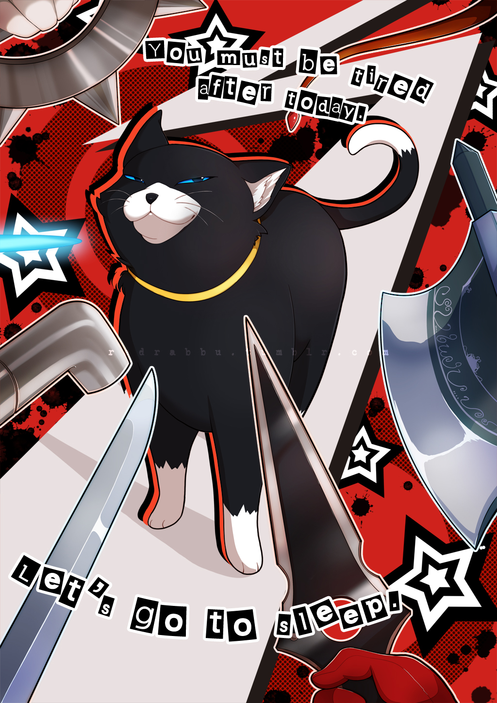 10s :3 animal animal_focus axe blood blood_splatter blue_eyes brass_knuckles cat collar dagger english_text gameplay_mechanics gloves half-closed_eyes highres holding holding_lead_pipe holding_weapon knife knife_cat_(meme) lead_pipe meme morgana_(cat)_(persona_5) morgana_(persona_5) outline parody persona persona_5 photo-referenced pointing_melee_weapon pointing_sword red_background red_gloves redrabbu smug solo_focus star_(symbol) sword threatening troll_face tumblr_username watermark weapon whip whiskers
