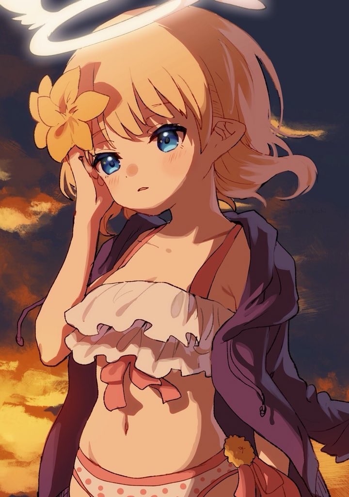 1girl angel bikini blonde_hair blue_eyes blush cloud cloudy_sky dusk flower flower_on_head frilled_bikini frills great_kichi halo hand_on_own_ear jacket long_sleeves looking_afar misty_sheikh open_clothes open_jacket panties parted_lips pointy_ears polka_dot polka_dot_panties polka_dot_swimsuit pop-up_story short_hair sky solo swimsuit underwear white_bikini