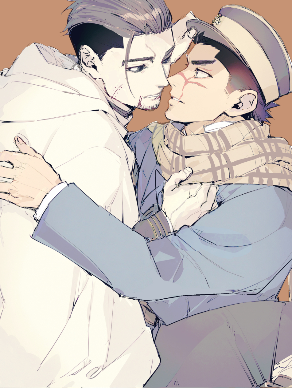 2boys black_eyes black_hair black_hat black_pants brown_background brown_hair cape eye_contact facial_hair facial_scar goatee golden_kamuy hair_slicked_back hand_on_another&#039;s_back hat highres hood hooded_cape layered_sleeves long_sleeves looking_at_another male_focus mrenskni multicolored_hair multiple_boys ogata_hyakunosuke pants parted_lips peaked_cap scar scar_on_cheek scar_on_face scarf scarf_pull short_sideburns sugimoto_saichi teeth two-tone_hair upper_body white_cape yellow_scarf