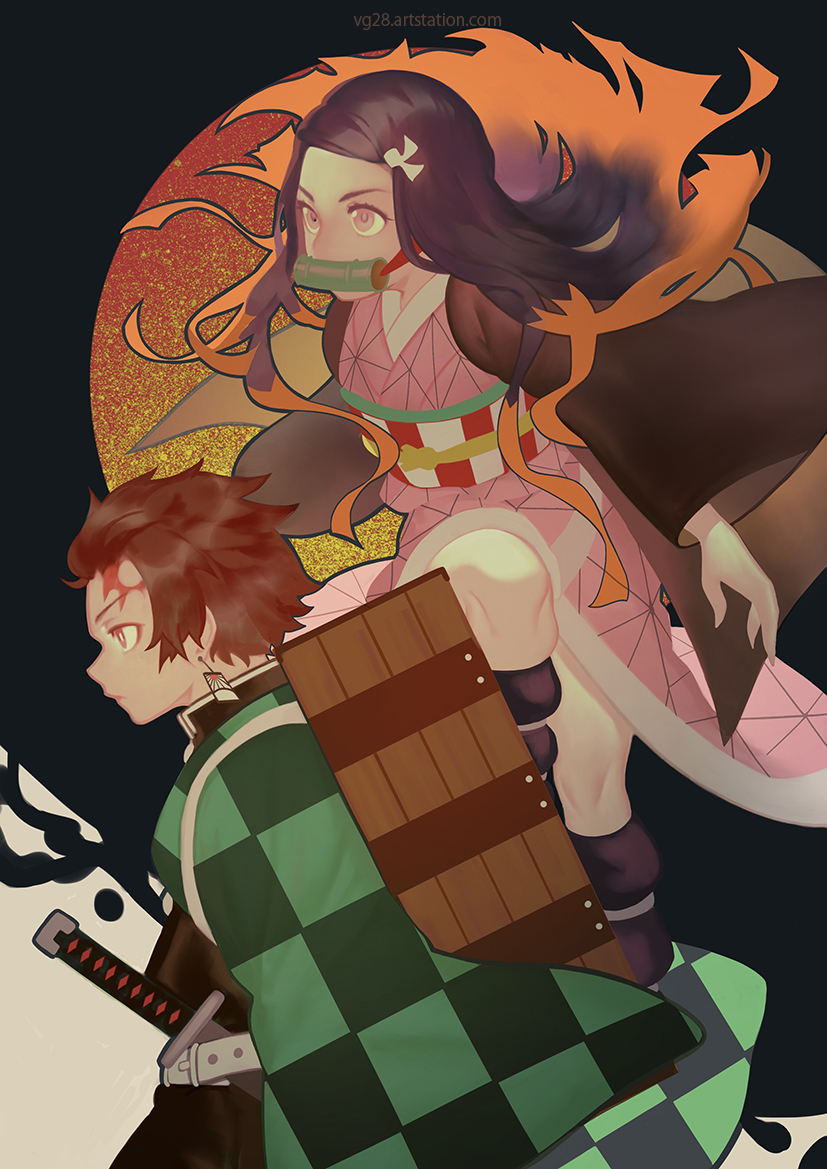 1boy 1girl artist_name bamboo belt bit_gag black_hair brown_hair checkered_clothes checkered_haori checkered_sash closed_mouth demon_slayer_uniform earrings gag gagged gradient_hair hair_ribbon hanafuda hanafuda_earrings haori japanese_clothes jewelry kamado_nezuko kamado_tanjirou katana kimetsu_no_yaiba kimono long_hair long_sleeves looking_to_the_side multicolored_hair patterned_clothing pink_eyes pink_kimono pink_ribbon profile red_eyes red_hair ribbon sash scar scar_on_face scar_on_forehead sheath sheathed short_hair simple_background sword unmoving_pattern vandraws weapon
