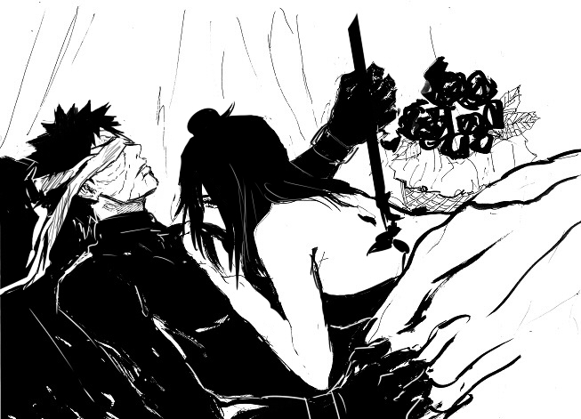 1boy 1girl back blindfold flores gloves hair_bun harakara12 holding holding_weapon konan_(naruto) lying monochrome naruto_(series) naruto_shippuuden nude on_back scar scar_on_face spiked_hair stab uchiha_obito weapon