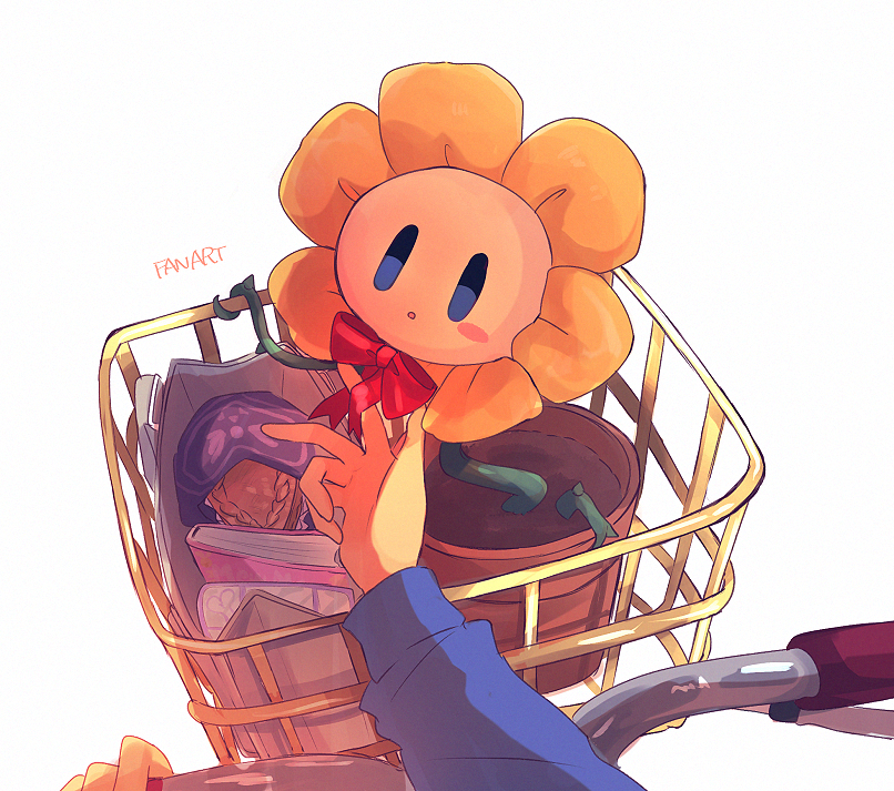 1other :o bicycle blue_eyes blush_stickers book bow bowtie commentary_request flower flower_focus flower_pot flowey_(undertale) food frisk_(undertale) long_sleeves looking_at_hand looking_at_viewer open_mouth pie pie_slice plant pov pov_hands red_bow red_bowtie simple_background single_blush_sticker smy_610 solid_oval_eyes thorns undertale vines white_background yellow_flower