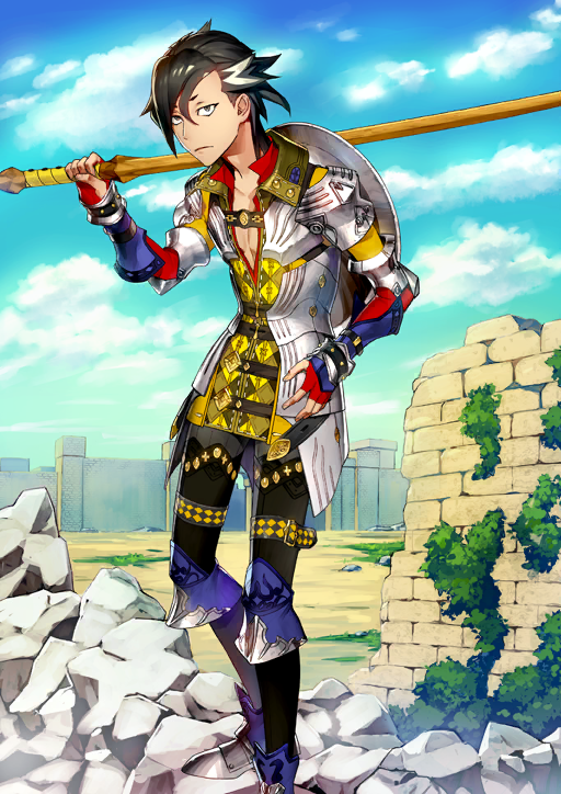 1boy armor armored_boots armored_gloves belt black_hair black_pants blue_sky boots bracer closed_mouth cloud collarbone expressionless fate/grand_order fate_(series) fingerless_gloves foot_out_of_frame game_cg ginka_sima gloves grey_eyes hair_between_eyes hand_on_own_hip hand_up holding holding_sword holding_weapon leg_up looking_at_viewer male_focus mandricardo_(fate) medium_hair multicolored_hair official_art over_shoulder pants pauldrons pectorals plunging_neckline red_gloves red_shirt rubble ruins shield shield_on_back shirt shoulder_armor sky solo standing sweater_guard swept_bangs sword thigh_belt thigh_strap third-party_source two-tone_hair variant_set weapon weapon_over_shoulder white_streaks wing_collar wooden_sword