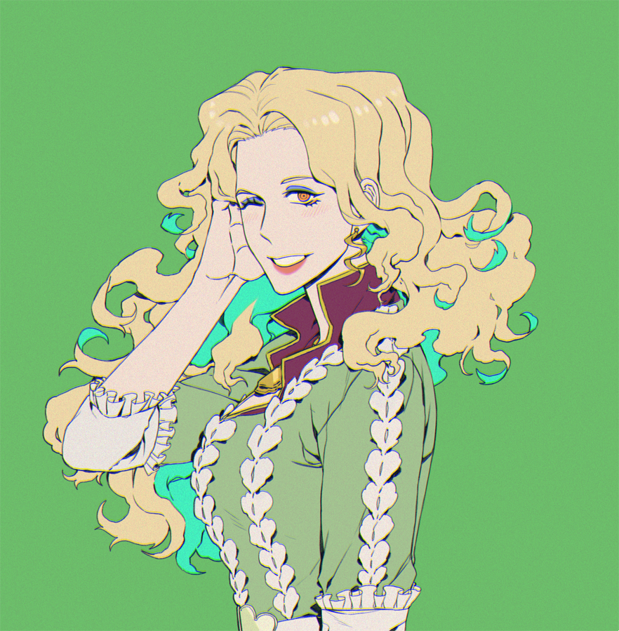 1girl adjusting_hair blonde_hair blue_eyeshadow blush classicaloid curtained_hair earrings eyelashes eyeshadow franz_liszt_(classicaloid) green_background green_shirt grin jewelry long_hair long_sleeves looking_at_viewer makeup one_eye_closed orange_eyes ringed_eyes sf_jd shirt simple_background smile solo upper_body wavy_hair