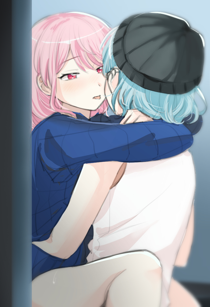 2girls after_kiss arms_around_neck bang_dream! beanie between_legs black_hat blue_hair blue_sweater chieh commentary hat hikawa_hina long_hair long_sleeves maruyama_aya multiple_girls pink_eyes pink_hair saliva saliva_trail sweat sweater symbol-only_commentary tank_top tongue tongue_out white_tank_top yuri