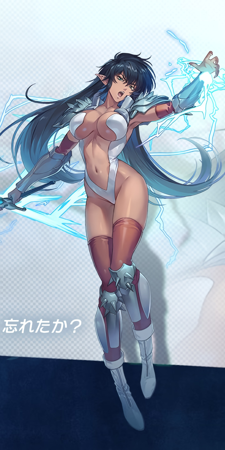 1girl armor arshes_nei bastard!! black_hair boots breasts cleavage clothing_cutout dark-skinned_female dark_skin floating_hair full_body green_eyes hair_between_eyes holding holding_sword holding_weapon large_breasts leotard long_hair looking_at_viewer navel official_art open_mouth orange_thighhighs pointy_ears poleyn ragnador resized revealing_clothes second-party_source shoulder_armor sword thighhighs thighs third-party_edit upscaled v-shaped_eyebrows very_long_hair weapon white_footwear