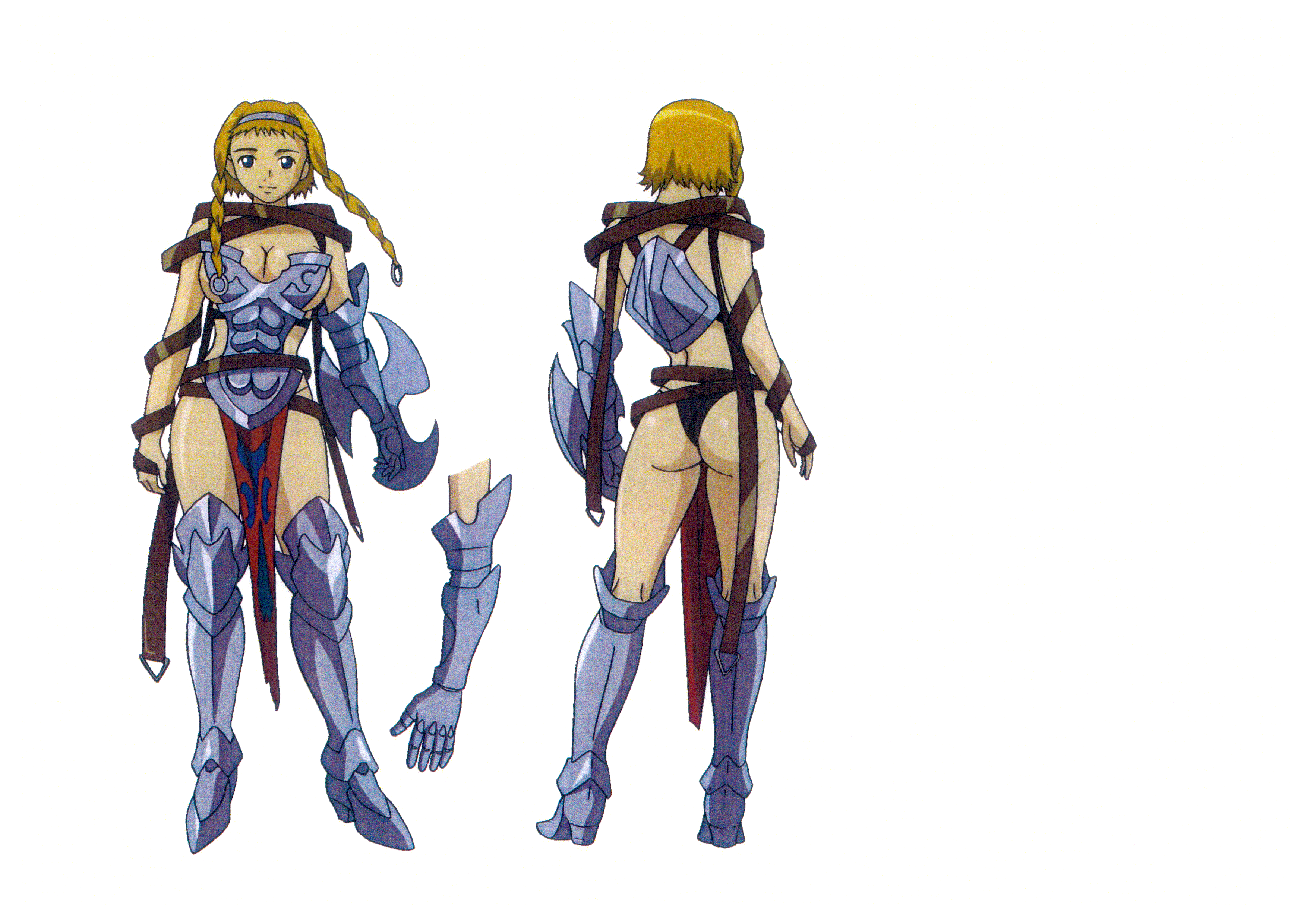 1girl absurdres armor ass blonde_hair blue_eyes braid breastplate breasts buckle reference_sheet cleavage curvy female_focus full_body hairband highres hisayuki_hirokazu large_breasts leina_(queen's_blade) multiple_views official_art queen's_blade revealing_clothes scan shield shiny_skin smile standing sword thong twin_braids weapon wide_hips