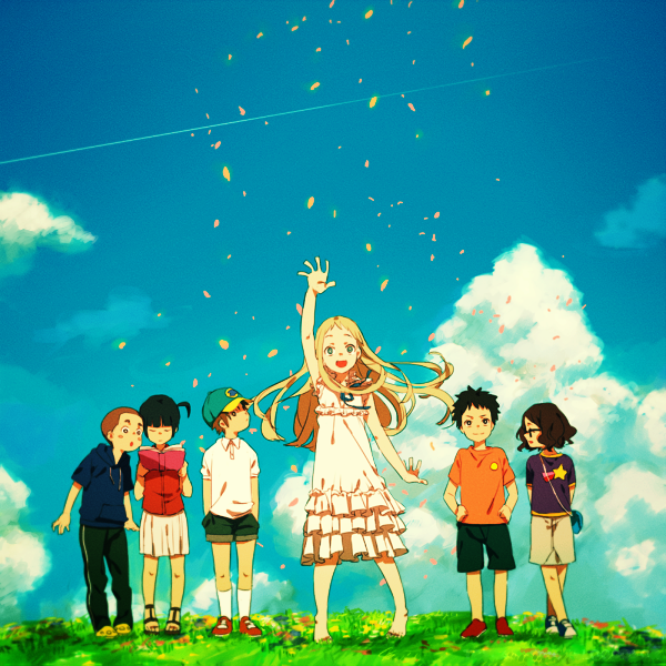 10s 3boys 3girls anjou_naruko ano_hi_mita_hana_no_namae_wo_bokutachi_wa_mada_shiranai. brown_hair child cloud day dress hat hisakawa_tetsudou honma_meiko jijiin matsuyuki_atsumu multiple_boys multiple_girls orange_hair silver_hair sky sleeveless sleeveless_dress sleeves_rolled_up tsurumi_chiriko waving yadomi_jinta