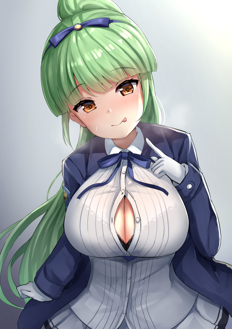 1girl :p azur_lane black_bra blue_ribbon blush bow bra bra_visible_through_clothes breasts cleavage collar collared_shirt commentary_request gloves green_hair hair_bow high_ponytail large_breasts long_hair looking_at_viewer manda_(manda9n) ponytail ribbon shirt shropshire_(azur_lane) simple_background skirt tongue tongue_out unbuttoned unbuttoned_shirt underwear white_collar white_gloves white_skirt yellow_eyes