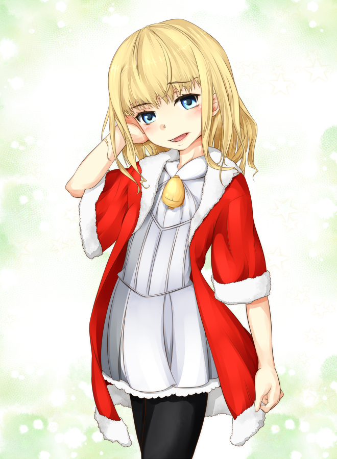 1girl bell black_thighhighs blonde_hair blue_eyes blush child christmas commentary_request cowboy_shot dress fur-trimmed_sleeves fur_collar fur_trim green_background hand_up head_tilt leivinia_birdway looking_at_viewer medium_hair open_clothes open_mouth open_robe red_robe robe shin_(highest1192) short_dress three-quarter_sleeves solo star_(symbol) thighhighs toaru_majutsu_no_index tongue white_dress
