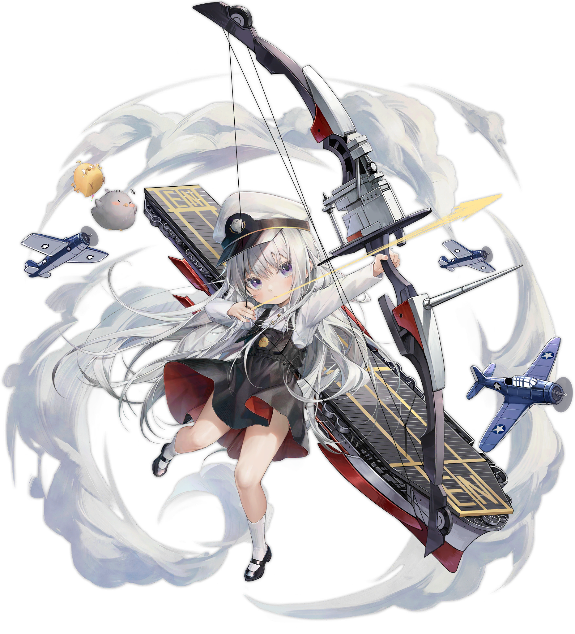1girl aged_down aircraft airplane azur_lane baby_animal bird black_shoes bow_(weapon) chick child collared_shirt compound_bow douya_(233) f4f_wildcat flight_deck full_body grey_eyes hat highres kneehighs little_enterprise_(azur_lane) long_hair long_sleeves manjuu_(azur_lane) mary_janes military_vehicle official_art overall_skirt peaked_cap propeller_fighter rigging sbd_dauntless shirt shoes silver_hair socks solo transparent_background very_long_hair weapon white_hat white_shirt white_socks