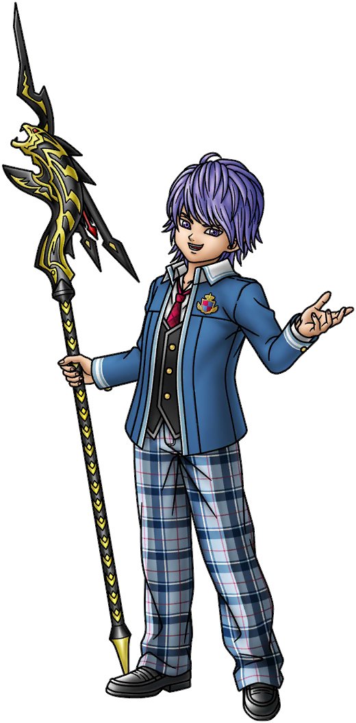 1boy artist_request black_vest blue_eyes blue_hair dragon_quest dragon_quest_tact dragon_quest_x full_body holding holding_staff loafers looking_at_viewer male_focus necktie official_art open_mouth pants plaid_clothes plaid_pants red_necktie risoru_(dq10) school_emblem school_uniform shoes short_hair smile solo staff third-party_source vest