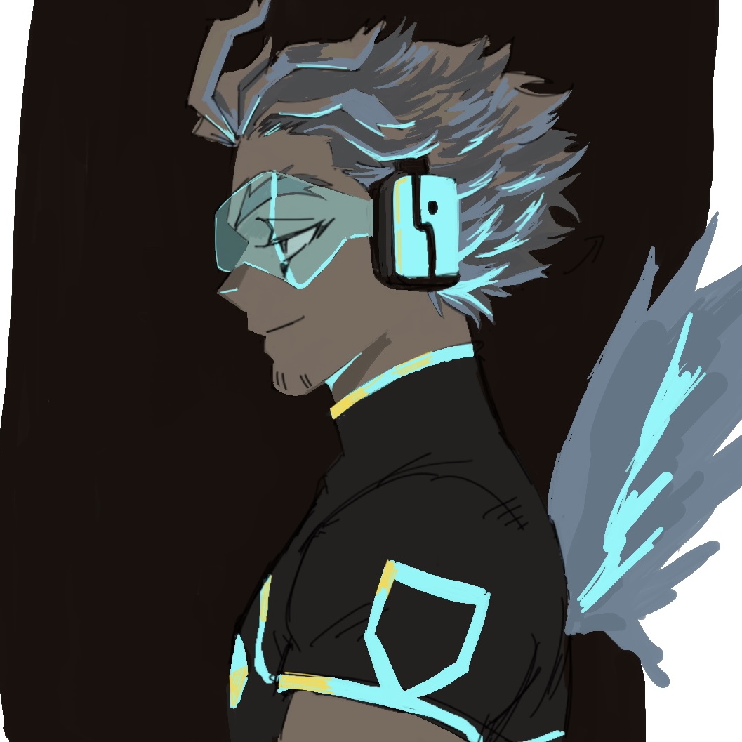 1boy black_shirt boku_no_hero_academia closed_mouth commentary_request facial_hair from_side goatee_stubble goggles hawks_(boku_no_hero_academia) headphones kogu_(nue_insideout) male_focus shirt short_hair short_sleeves solo stubble upper_body wings
