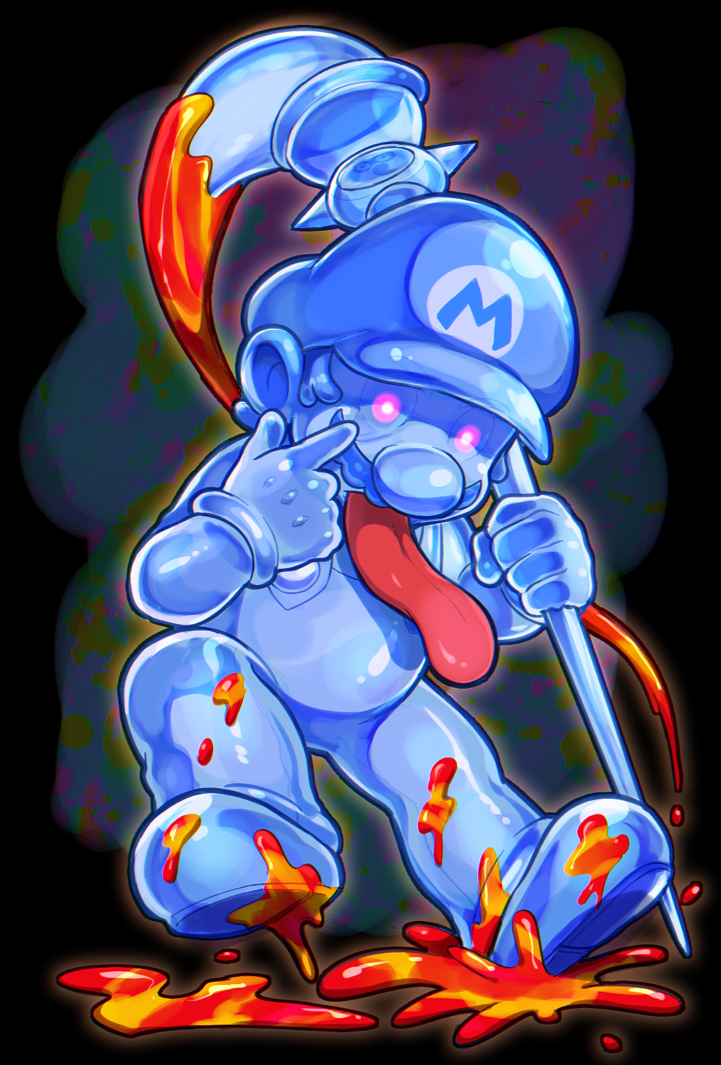 1boy blue_eyes blue_gloves blue_hair blue_hat blue_overalls blue_shirt facial_hair giant_brush gloves glowing glowing_eyes graffiti hat highres holding holding_paintbrush hoshi_(star-name2000) looking_at_viewer mario_(series) mustache nintendo overalls paintbrush shadow_mario shirt solo super_mario_sunshine tongue tongue_out