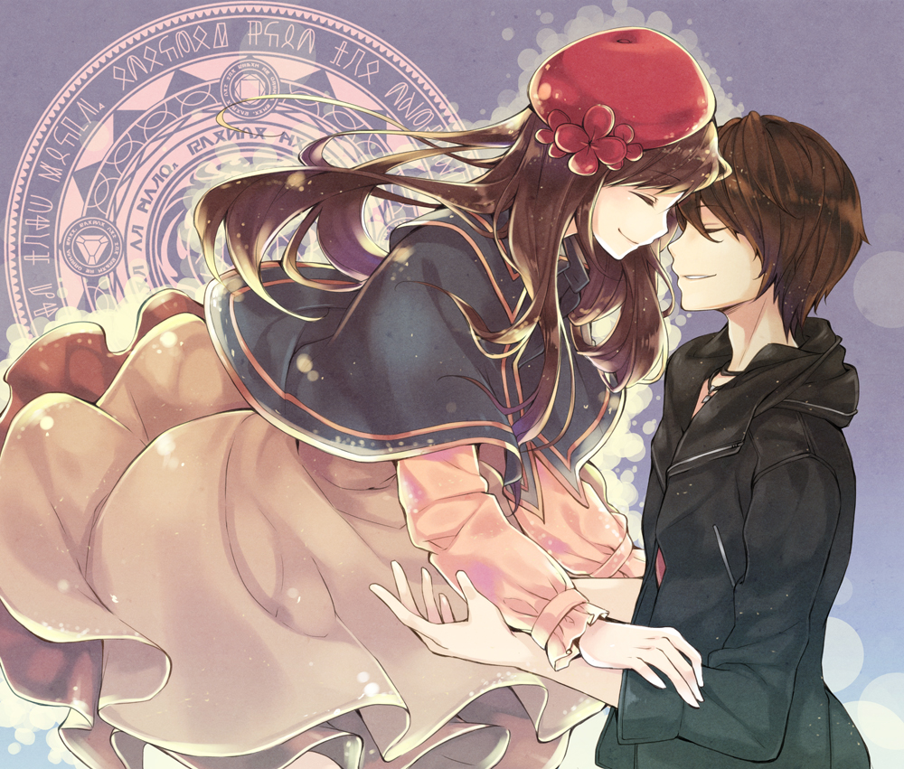 1boy 1girl ^_^ beret brown_hair capelet chiko_(mizuho) closed_eyes dress closed_eyes grin hat hood hooded_jacket jacket kamen_rider kamen_rider_wizard_(series) koyomi_(kamen_rider_wizard) long_hair magic_circle photoshop_(medium) smile souma_haruto