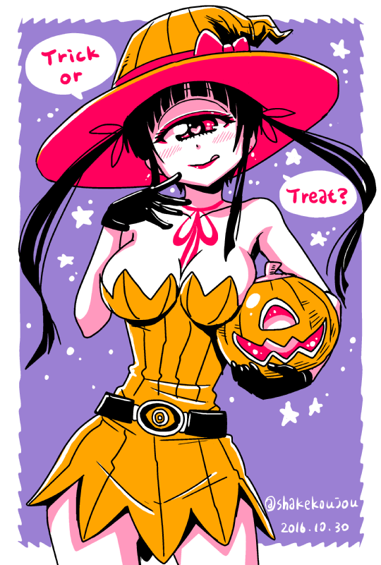 1girl :q black_gloves blush bow breasts contrapposto cowboy_shot cyclops dated dress english_text female_focus gloves halloween hand_up hat hat_bow heart heart-shaped_pupils hitomi_sensei_no_hokenshitsu holding jack-o&#039;-lantern large_breasts licking_lips lipstick long_hair looking_at_viewer makeup manaka_hitomi neck_ribbon one-eyed purple_background red_lips red_ribbon ribbon shake-o short_dress solo symbol-shaped_pupils tongue tongue_out twintails twitter_username witch