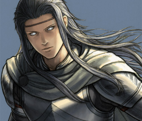 1boy armor cu_chulainn_(megami_tensei) demon_(megami_tensei) expressionless fuji_(d38635s10) grey_background grey_hair grey_scarf long_hair lowres male_focus portrait scarf shin_megami_tensei shin_megami_tensei_i solo white_eyes