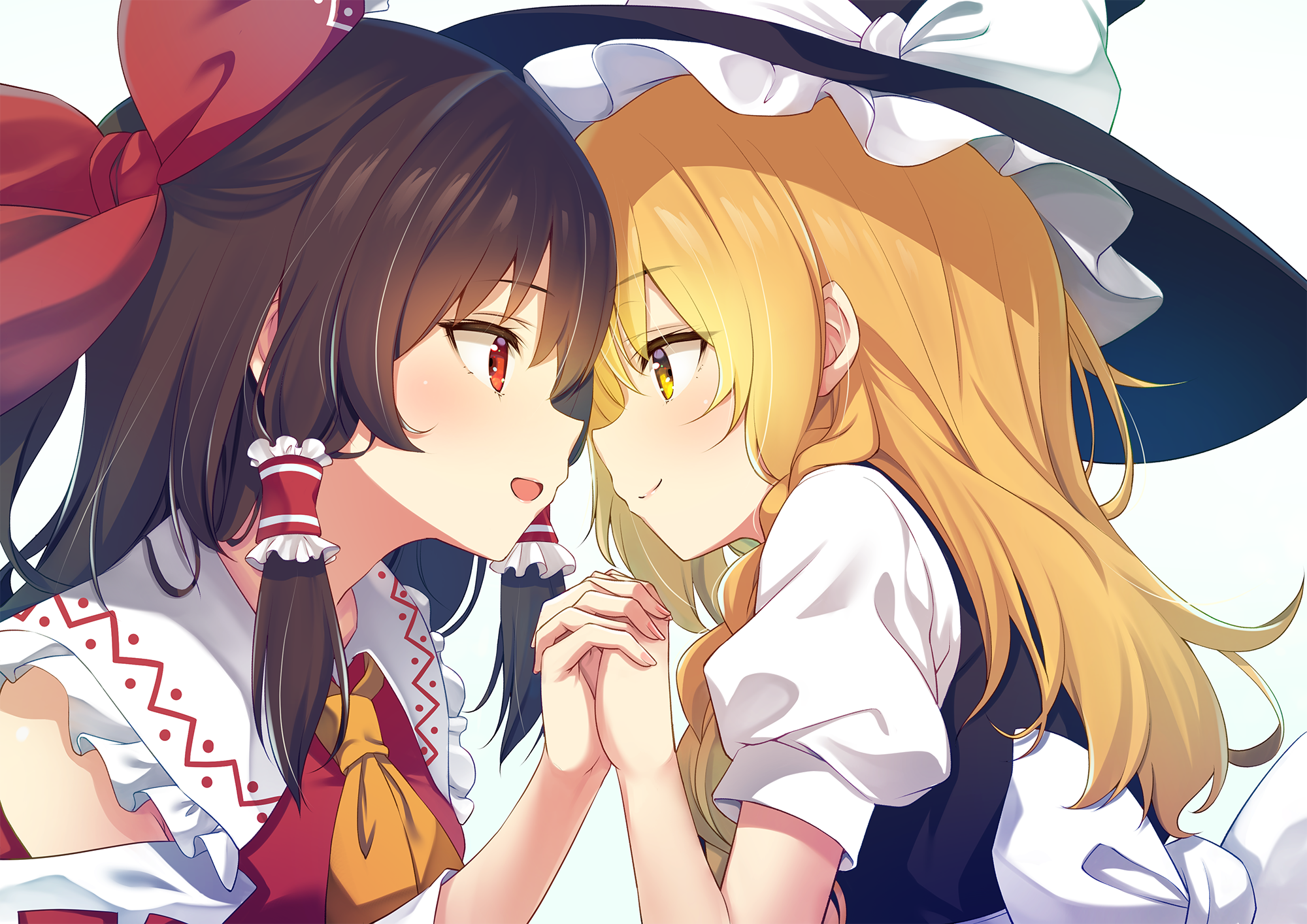 2girls ascot bare_shoulders black_headwear black_vest blonde_hair blush bow brown_hair detached_sleeves eye_contact fingernails hair_between_eyes hair_bow hair_tubes hakurei_reimu hat hat_bow highres japanese_clothes kirisame_marisa long_hair looking_at_another multiple_girls murasaki_atsushi nontraditional_miko puffy_short_sleeves puffy_sleeves red_bow red_eyes ribbon-trimmed_sleeves ribbon_trim shirt short_sleeves sidelocks simple_background touhou vest white_background white_bow white_shirt white_sleeves witch_hat yellow_ascot yellow_eyes