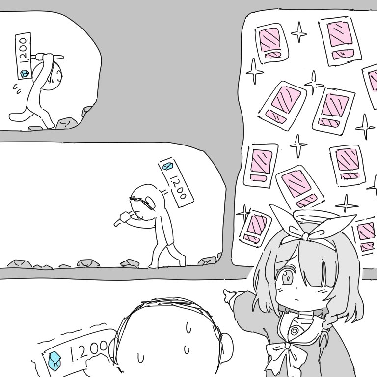 1girl 3boys :| arona_(blue_archive) blue_archive braid closed_mouth digging_for_diamonds_(meme) doodle_sensei_(blue_archive) from_side furrowed_brow gacha_(game_mechanic) hair_over_one_eye hairband halo limited_palette long_sleeves meme multiple_boys neckerchief pointing profile pyroxene_(blue_archive) sailor_collar sensei_(blue_archive) short_hair single_braid spot_color sweat togarashi_no_shinseki upper_body