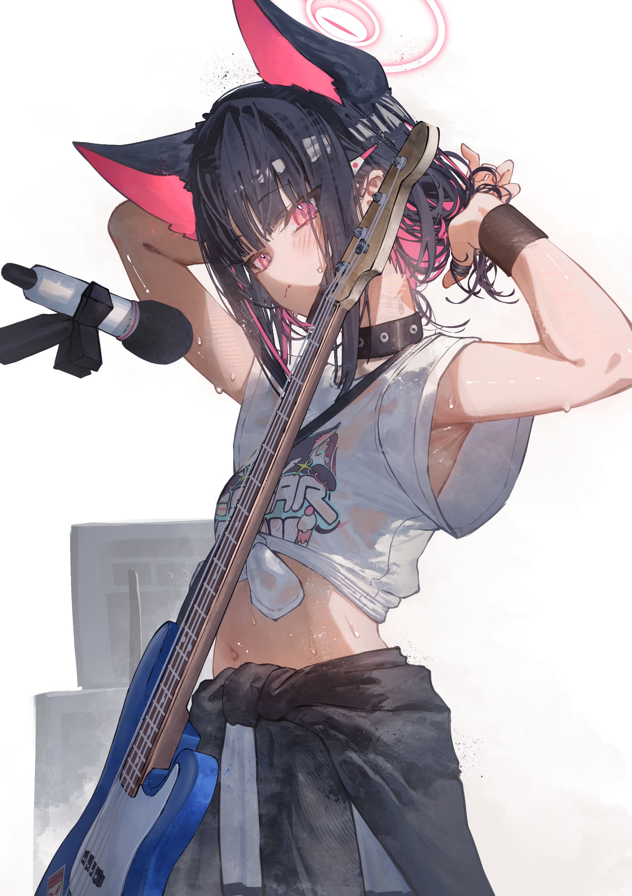 1girl absurdres adjusting_hair amplifier armpits arms_up bare_arms bass_guitar betabeet black_choker black_collar black_mask blue_archive blue_hair blush choker clothes_around_waist collar colored_inner_animal_ears colored_inner_hair bass_guitar extra_ears fender_jazz_bass halo highres holding holding_bass_guitar holding_instrument instrument jacket jacket_around_waist kazusa_(band)_(blue_archive) kazusa_(blue_archive) looking_at_viewer mask mask_pull microphone microphone_stand midriff mouth_mask multicolored_hair navel pink_eyes pink_halo print_shirt shirt short_sleeves solo stomach sweat sweatband sweatdrop t-shirt tied_shirt