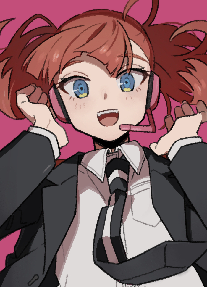 1girl black_jacket blue_eyes breast_pocket brown_hair collared_shirt dress_shirt eyelashes floating_hair formal_clothes hands_up headset jacket long_sleeves looking_at_viewer nana_0253 open_mouth pink_background pocket shirt simple_background smile solo suit taketomi_sakurako twintails uniform upper_body white_shirt world_trigger