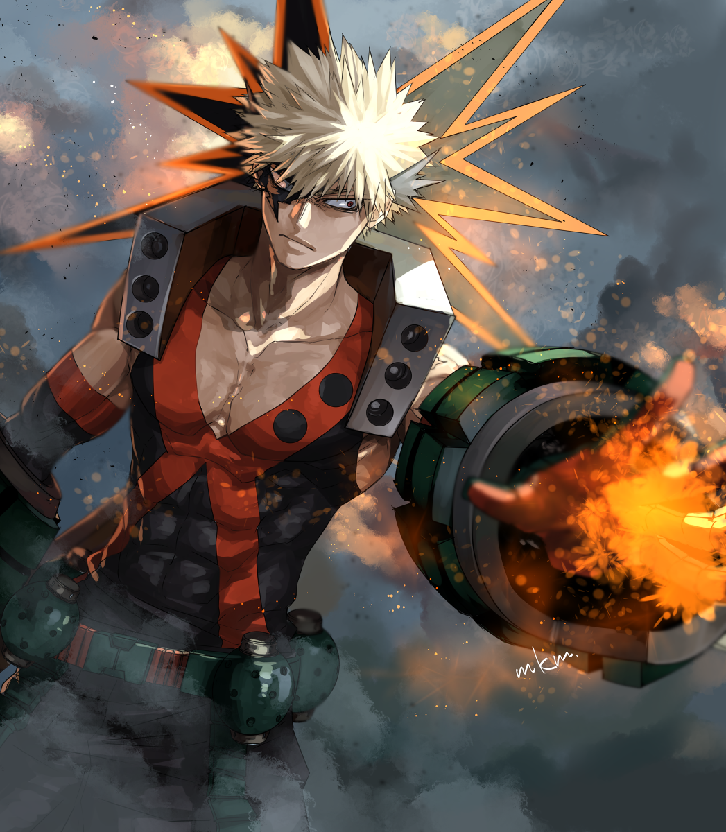 1boy abs bakugou_katsuki belt blonde_hair boku_no_hero_academia elbow_sleeve explosion explosive eye_mask grenade highres male_focus mkm_(mkm_storage) muscular muscular_male pectoral_cleavage pectorals red_eyes short_hair smoke solo spiked_hair superhero_costume tank_top torn_mask