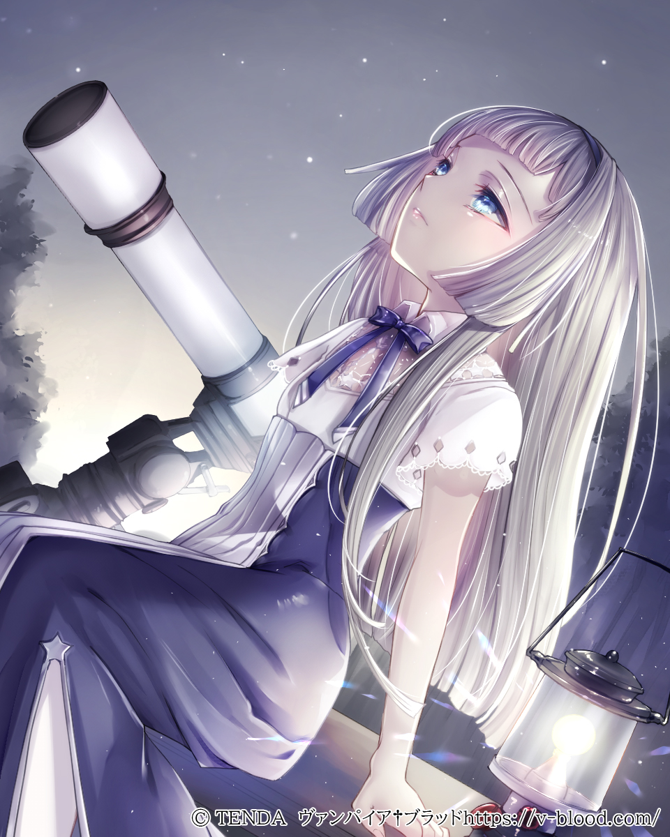 1girl black_hairband blue_bow blue_bowtie blue_eyes blue_skirt blunt_ends bow bowtie closed_mouth collared_shirt commentary_request from_side grey_hair hair_over_hairband hairband hane_segawa high-waist_skirt highres hime_cut kitty_florence lantern light_bulb long_hair long_skirt looking_up night official_art outdoors see-through_clothes see-through_cutout shirt short_sleeves sitting skirt solo star_(sky) telescope vampire_blood white_shirt