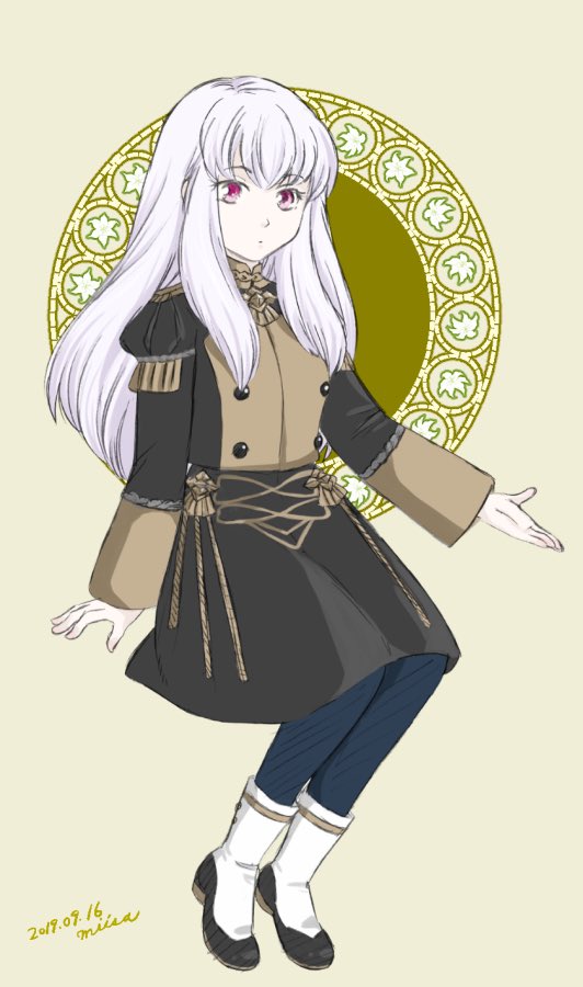 1girl closed_mouth dated female_focus fire_emblem fire_emblem:_three_houses flat_chest full_body garreg_mach_monastery_uniform long_hair long_sleeves lysithea_von_ordelia miisa nintendo outstretched_hand pink_eyes signature sitting solo white_hair