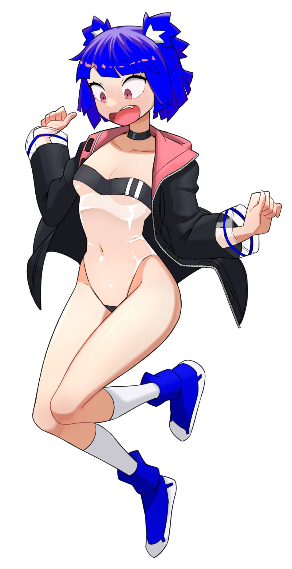 1girl animal_ears bear_ears bear_girl black_choker black_jacket blue_footwear blue_hair blunt_ends borrowed_character breasts choker collarbone covered_navel double_vertical_stripe fang flowerpigeon foot_up full_body go!_go!_gris! gris_(go!_go!_gris!) gris_swimsuit groin highleg highleg_one-piece_swimsuit highres jacket long_sleeves looking_down meme_attire one-piece_swimsuit open_mouth original purple_eyes see-through_clothes see-through_one-piece_swimsuit see-through_sleeves shiny_clothes short_hair small_breasts socks strapless strapless_one-piece_swimsuit swimsuit two-sided_fabric two-sided_jacket white_background white_socks